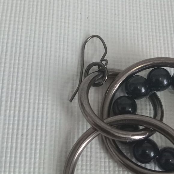 Black & Gunmetal Gray Metal Beaded Interlocked Multiple Hoops Dangle Earrings - Picture 8 of 8